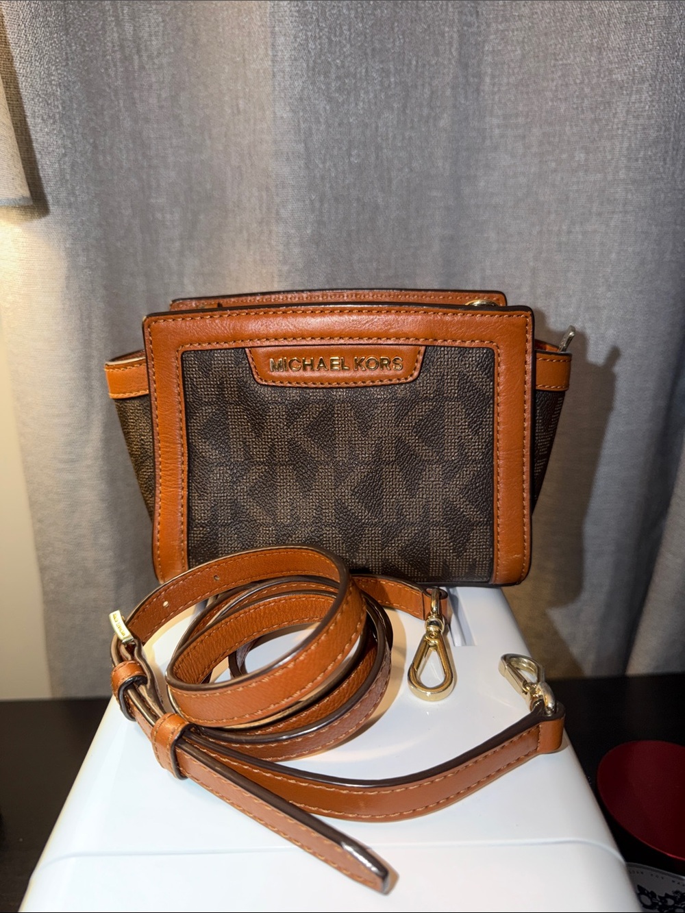 Michael Kors Brown MK Logo Crossbody with Tan Trim